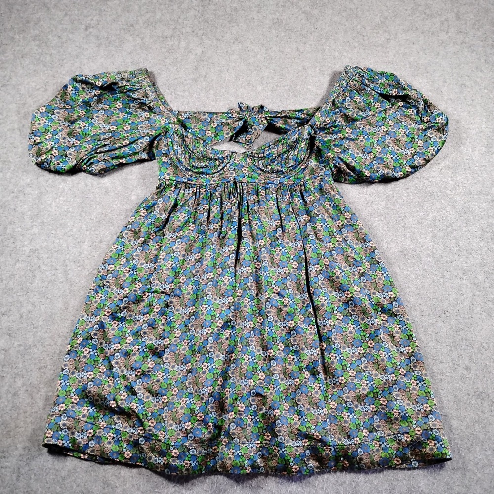 For Love & Lemons Floral Puff Sleeve Mini Dress XS Blue Green CD2529-FA21